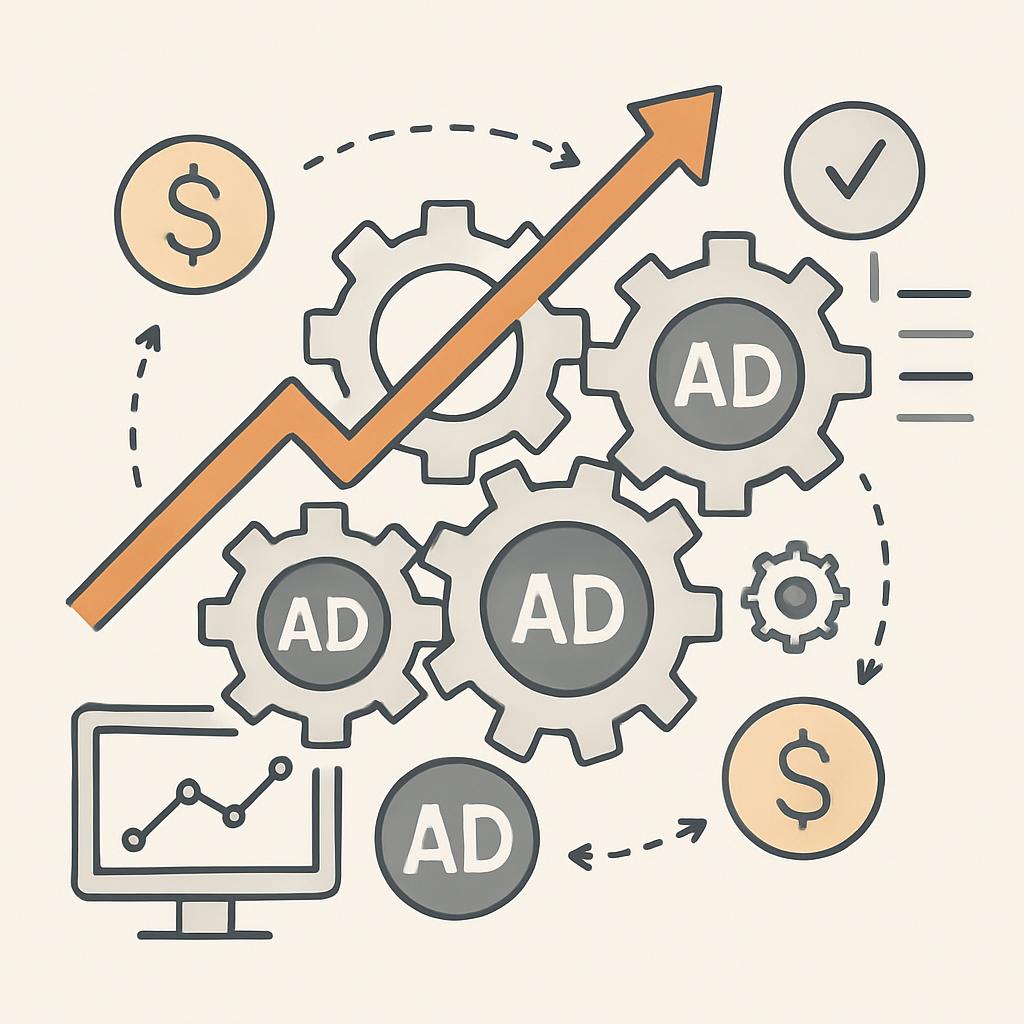 An illustrated depiction of advertising methods with gears, dollar symbols and dollar signs.